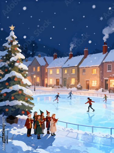 Snowy Village with People Activities Illustration - Festive Winter Scene