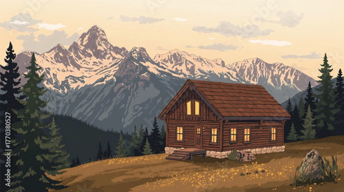 Charming Wooden Cabin with Snow-Capped Mountains in Background.