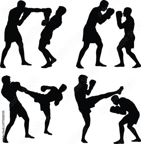 Silhouette martial arts fighters, kickboxing training poses, combat sports sparring, boxing stance, karate action kicks, self defense practice, fitness workout, 
