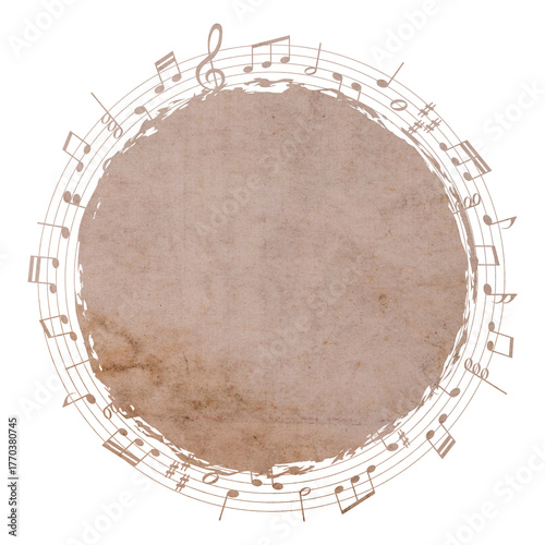 sheet music round frame brush painted banner - musical notes melody on brown old paper background