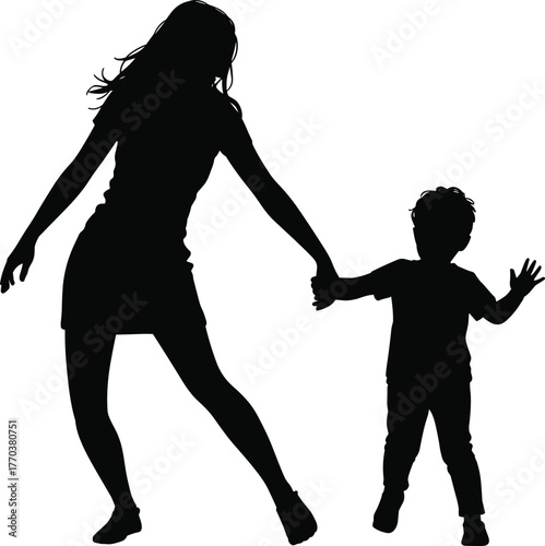 Silhouette mother and child dancing together, family love connection, parenting bond illustration, happy childhood moment, woman holding kid hand, parent child relationship, caring support