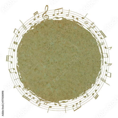 sheet music round frame brush painted banner - musical notes melody on greeb old paper background