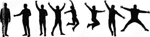 Silhouette people poses, jumping celebration, human body movement, dynamic action, victory gesture, dancing figure, fitness exercise, happy man, energy expression,