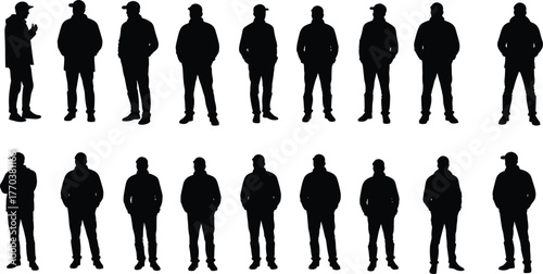 Silhouette people standing poses, human figure outline collection, black vector man posture set, body gesture reference, fashion template, casual stance illustration design