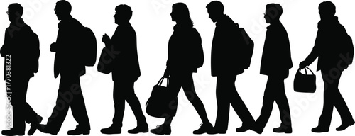 Silhouette people walking, business commuters, urban lifestyle, city workers, daily routine, teamwork, office employees, modern society, transportation, travel, mobility, journey, teamwork