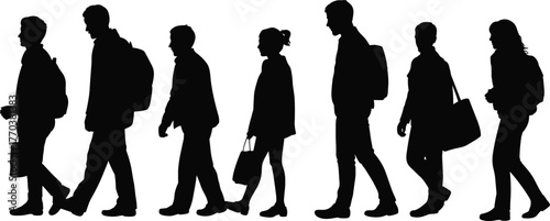 Silhouette people walking, commuter group carrying bags, urban lifestyle, students with backpacks, diverse crowd motion, city pedestrians, daily routine, transportation, teamwork,