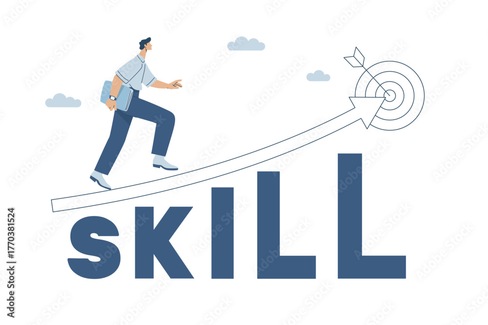 Fototapeta premium Businessman walking up a rising arrow, symbol of growth, skill development, Flat vector design illustration.