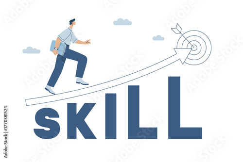 Businessman walking up a rising arrow, symbol of growth, skill development, Flat vector design illustration.