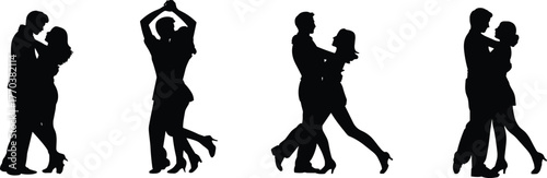 Silhouette, dancing, couples, ballroom, latin, tango, waltz, salsa, rumba, cha cha, romantic, performance, elegant, movement, rhythm, partner, dance, competition, choreography