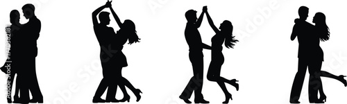 Silhouette, dancing, couples, ballroom, tango, salsa, waltz, swing, romantic, performance, choreography, elegant, movement, rhythm, partner, dance, black, isolated, vector