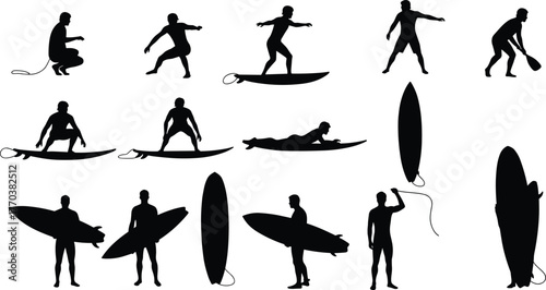 Surfing silhouettes collection, surfboard icons, surfer poses, extreme water sport illustration, beach lifestyle design, ocean wave activity, summer holiday vector, coastal adventure artwork