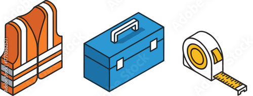 Isometric Construction Tools Vector Set - Safety Vest, Toolbox, and Tape Measure