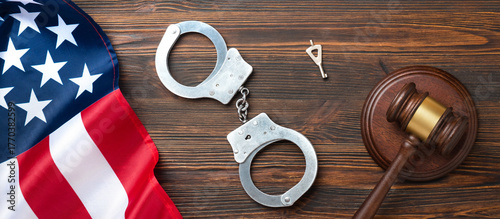 Bild auf Leinwand Judge gavel and handcuffs with American flag on a wooden desk