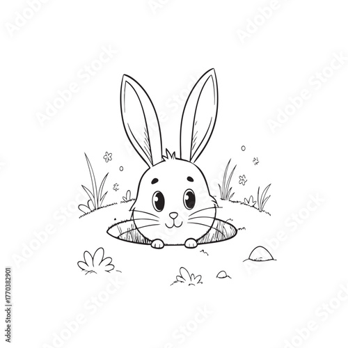 Curious Bunny in the Hole: A charming illustration depicts an adorable bunny peeking out from its burrow, a scene full of anticipation and spring wonder.