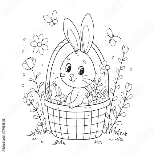 Cute Easter bunny with basket of colorful eggs in spring grass illustration