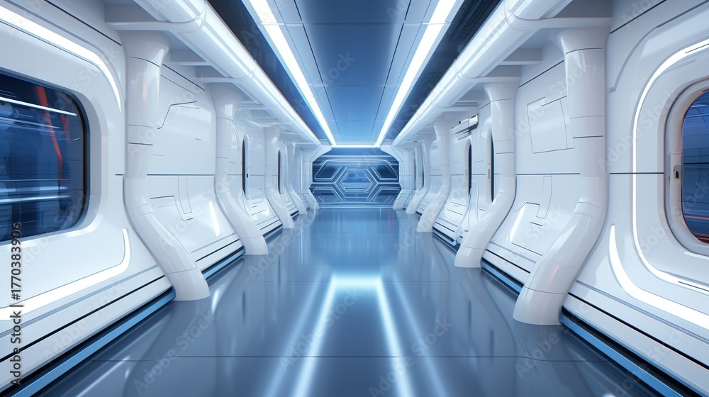 Obraz premium Futuristic white and blue illuminated spaceship corridor with reflections on the floor