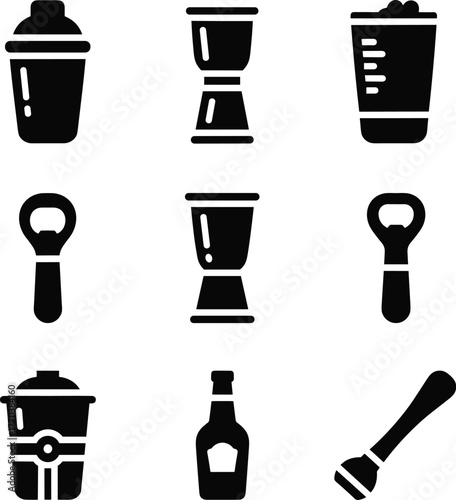 Professional Bar and Cocktail Equipment Solid Glyph Icon Vector Set - Shaker, Jigger, Muddler, and Bottle Opener