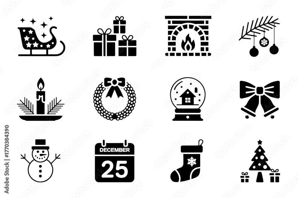 Naklejka premium Collection of christmas themed icons including a sleigh gifts fireplace and christmas tree design