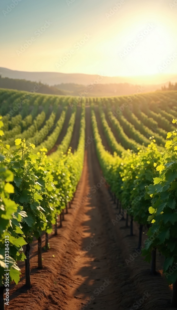 Fototapeta premium Green grapevines grow in long neat rows across vast vineyard farm. Golden sun illuminates cultivated land, distant hills during peaceful morning. Picturesque agri landscape shows healthy plants ready