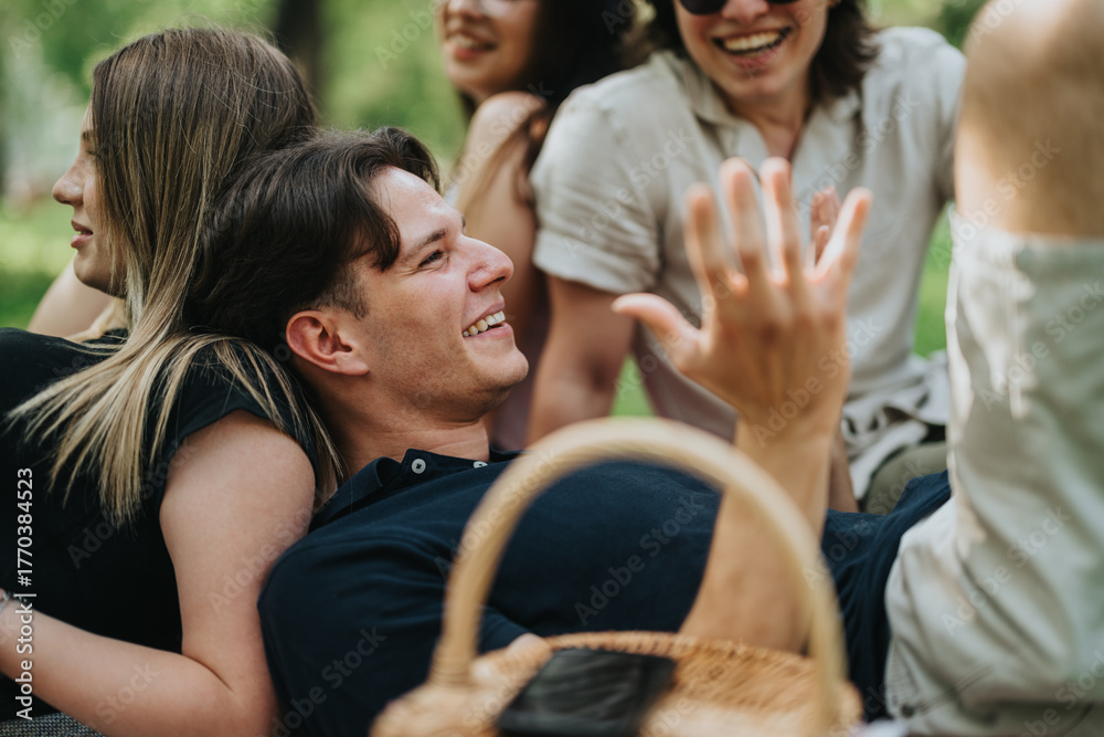 Fototapeta premium Group of friends enjoying quality time together in a serene park on a sunny day, featuring smiles, laughter, and a relaxed atmosphere.