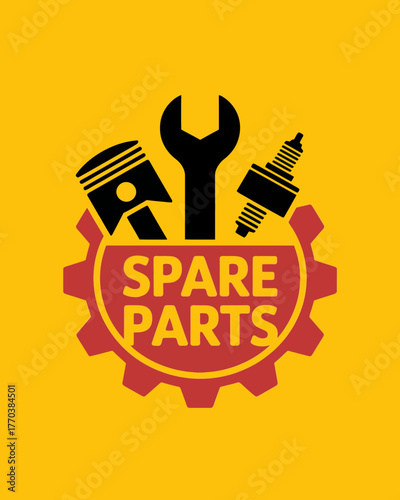 Illustration of spare parts including a piston, wrench, and spark plug displayed on a yellow background