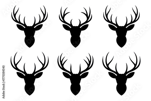 Six black deer head silhouettes with antlers arranged in a grid pattern on a white background design vector