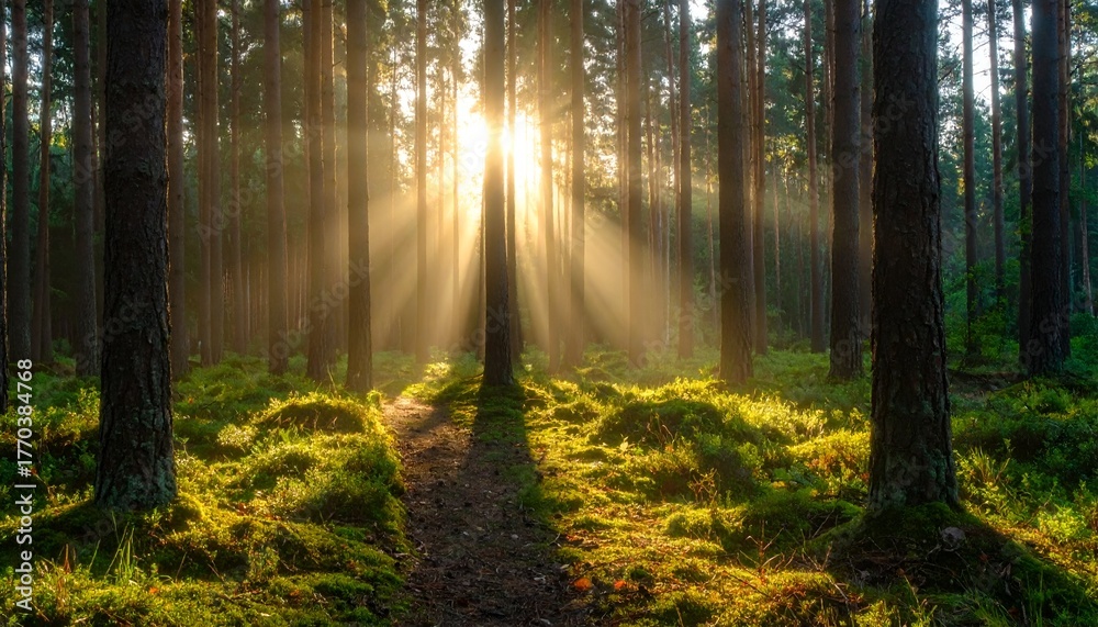 Fototapeta premium Sunlight streams through tall trees in a serene forest, illuminating a peaceful path covered in greenery