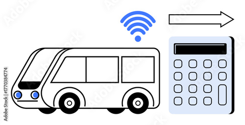 Bus sending wireless signal to a calculator symbolizing digital payment process. Ideal for public transport, cashless payment, wireless transaction, smart tech, connectivity, urban mobility, simple