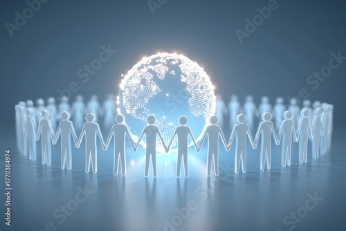 A diverse group of people standing in front of a globe, symbolizing unity and global cooperation. They are holding hands around a glowing Earth, representing teamwork and environmental awareness.