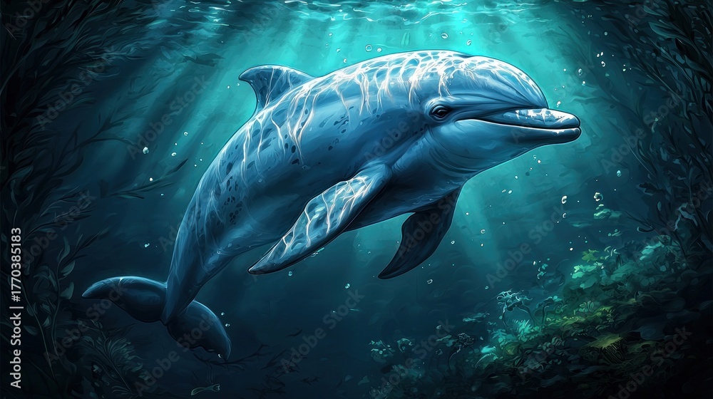 Fototapeta premium Bottlenose dolphin swimming in ocean sunlight.