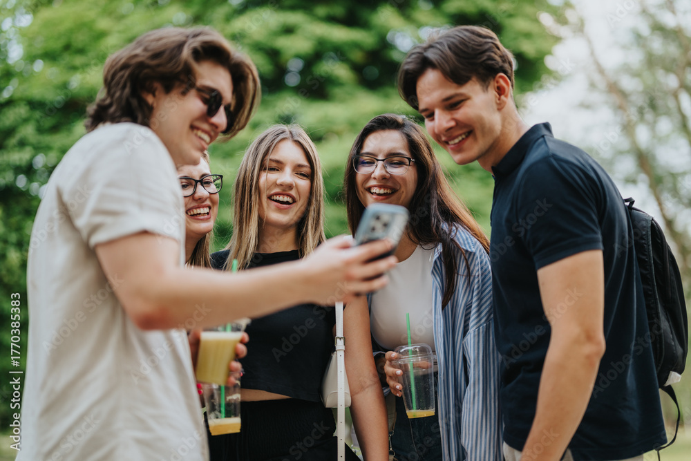 Fototapeta premium A group of young friends sharing a cheerful moment outdoors while looking at a phone. They are enjoying a summer day in the park, bringing joyful and relaxed emotions to the scene.