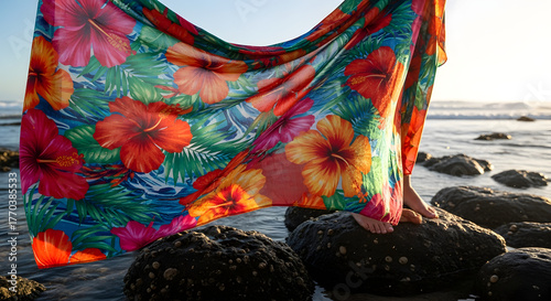 Vibrant tropical print sarong draped over rocks. Wet look dynamic composition intense colors.