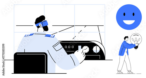 Pilot using control panel with advanced headset beside figure holding lightbulb, symbolizing creativity, innovation, leadership, teamwork, technology, problem-solving, futuristic design, simple flat