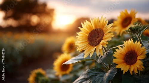 Fototapeta Naklejka Na Ścianę i Meble -  close up background of sunflowers field in sunset light with copy space