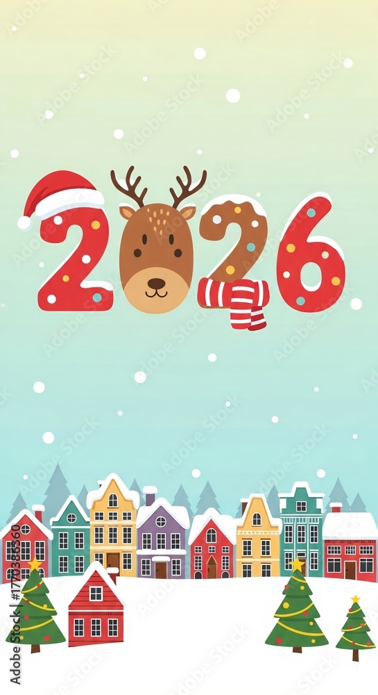 Naklejka premium Cute 2026 New Year illustration with reindeer, Santa hat, colorful houses, winter snow, festive cartoon holiday background