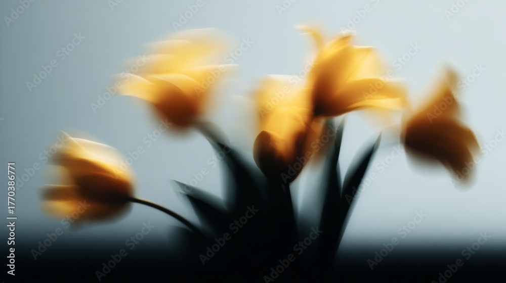 Fototapeta premium Bright yellow tulips captured in soft focus against a light background in a cozy indoor setting during spring