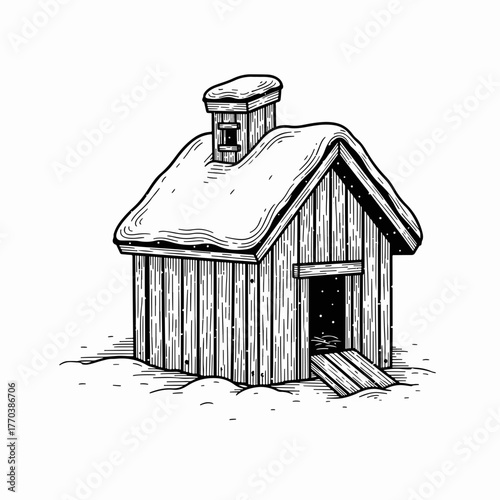 Rustic wooden henhouse in the snow. Hand-drawn line art sketch of a winter farm cabin. Black and white graphic isolated on a white background