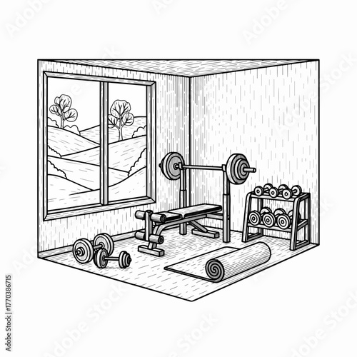 A hand-drawn line art sketch of a home gym interior. Fitness equipment including a weight bench, barbell, and dumbbells for a workout. Strength training and exercise concept drawing