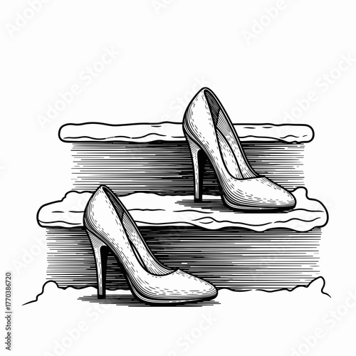 High heels on snowy steps in a vintage engraving style. Hand-drawn line art of women's fashion footwear. Retro monochrome graphic isolated on white