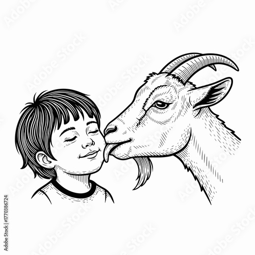A goat licking a child's cheek in a line art sketch. Hand-drawn vintage engraving of animal and human friendship. Black and white farm graphic