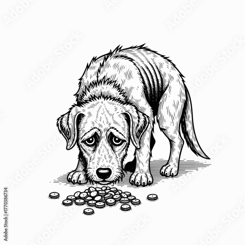 Sad and skinny homeless dog illustration. Engraving style line art of a hungry stray animal. Animal cruelty, shelter, and adoption concept graphic