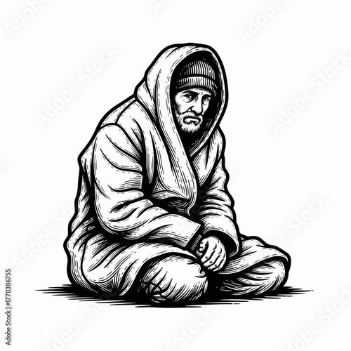 A homeless person wrapped in a coat in a hand-drawn woodcut style. Black and white line art drawing. Concept for poverty, social issues, and hardship