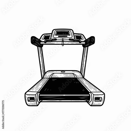 Incline treadmill line art icon from a front view. Hand-drawn gym and fitness equipment sketch. Monochrome graphic for cardio workout concepts
