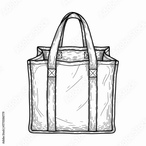 Vintage tote bag sketch. Hand-drawn line art of a reusable grocery shopper. Isolated monochrome icon for design