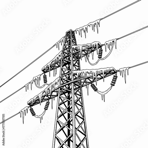 A high-voltage power line tower covered in ice and icicles. Hand-drawn black and white sketch of a winter storm's effect on the energy grid. Isolated graphic element