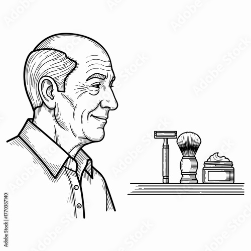 A vintage line art drawing of a senior man and shaving tools. Men's grooming and personal care concept. Classic safety razor, brush, and cream graphic isolated on a white background