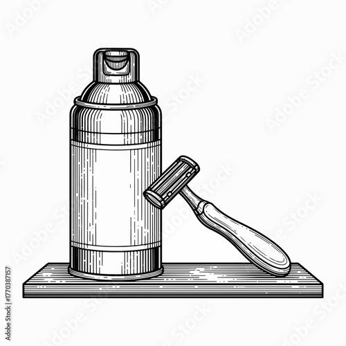 Shaving cream and razor on a shelf in a vintage engraving style. Hand-drawn men's grooming and personal care icon. Black and white line art sketch