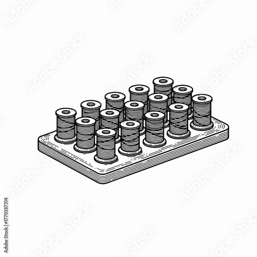 A line art drawing of a thread organizer with spools. Vintage hand-drawn sketch of sewing and craft supplies. Monochrome haberdashery icon