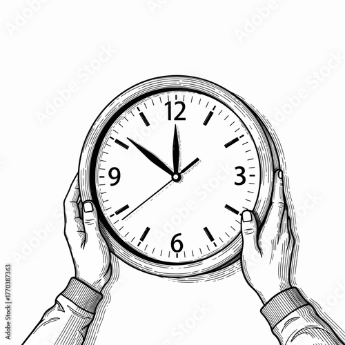 Hands holding a wall clock in a line art drawing style. Vintage hand-drawn sketch of time management concept.