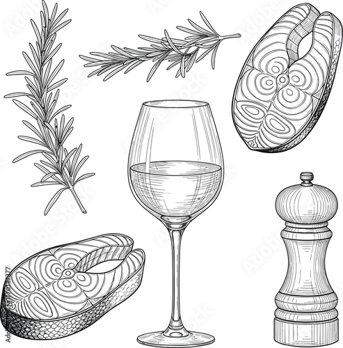 Vintage Engraving Style Salmon Steak, Rosemary, Wine, and Pepper Mill Vector Set